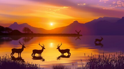 Deer silhouettes against sunset backdrop, wild animals in natural landscape, Ai Generated