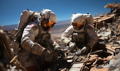 Two Men in Spacesuits Climbing Mountain