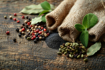Indulge in the sensory delights of cooking with spices on a wooden background, featuring bay leaf, black pepper peas, and cardamom in a tantalizing close-up. AI generative.