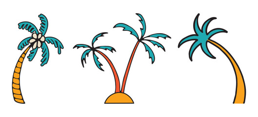 Icon set of landscape elements for summer vacation travel, hand drawn vector doodles in flat style. Collection of icons of various palm trees.