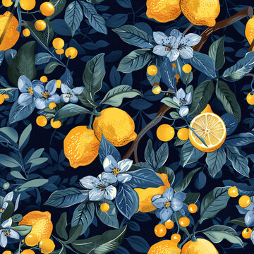 Seamless design featuring vibrant lemons and blossoms on a dark background