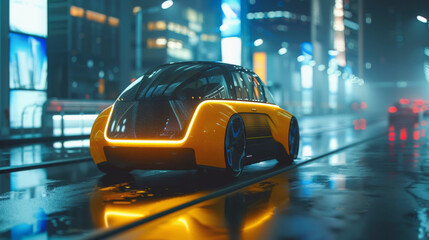 Futuristic autonomous electric car with glowing lights parked on a reflective wet urban street at night, showcasing a high-tech, sleek design in a cityscape.