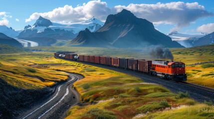 A vividly colorful landscape with a freight train winding through mountains and vibrant autumn grasslands.