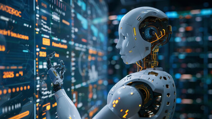 Fototapeta premium A humanoid robot with a white head, analyzing data on futuristic digital screens, symbolizing advanced AI interacting with complex information systems.