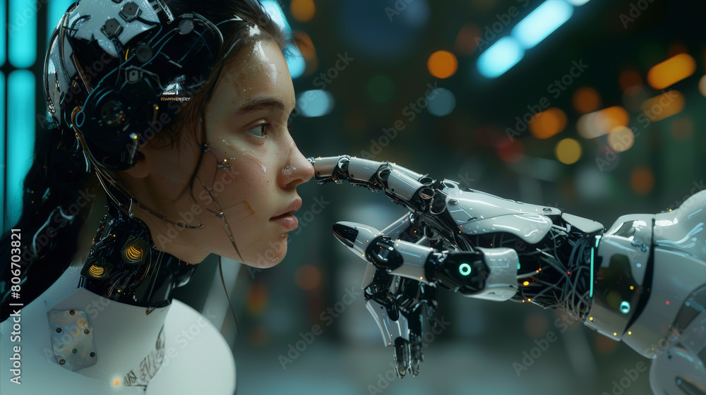 Poster a human-like robot with intricate mechanical details on its head is face-to-face with a human, sugge