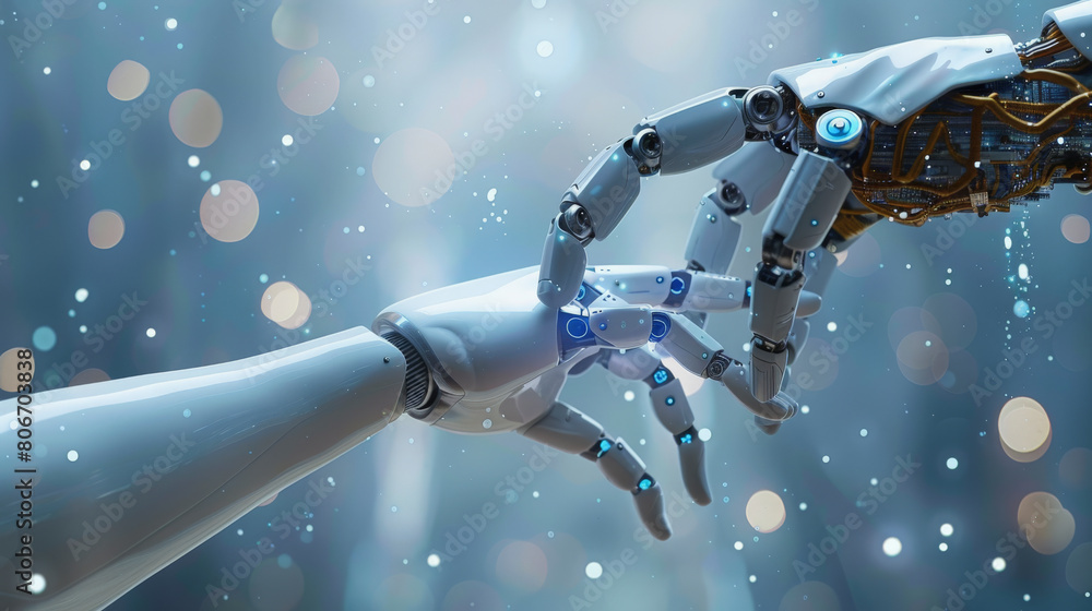 Poster a robot hand and a human hand engaging in a handshake against a bokeh light background, symbolizing 