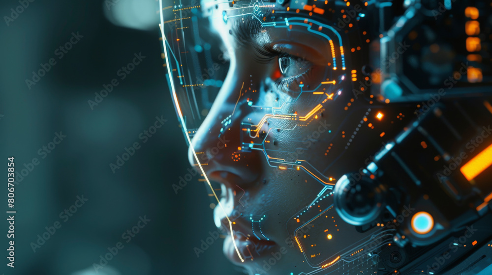 Poster a close-up image of a humanoid robot's face with intricate circuitry, highlighting the blend of tech
