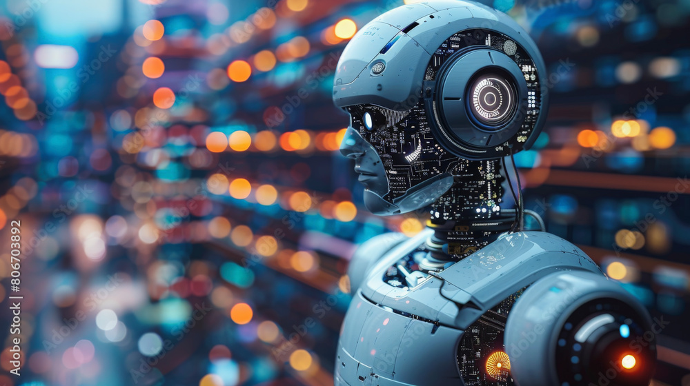 Poster a highly detailed humanoid robot with intricate circuitry inside its head, set against a blurred bac