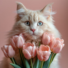 Funny animal portrait of adorable white kitten gives a bouquet of fresh pink tulip flowers on pastel pink background with copy space, concept of celebrating Valentine's day, Mother's day, Woman's day