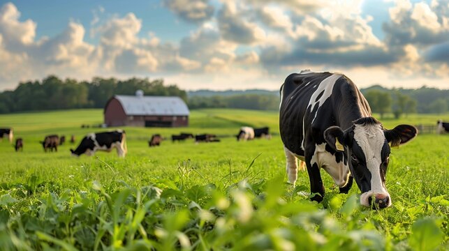 A beautiful black and white cow grazes peacefully in a lush green field surrounded by a serene pastoral landscape. Farming concept