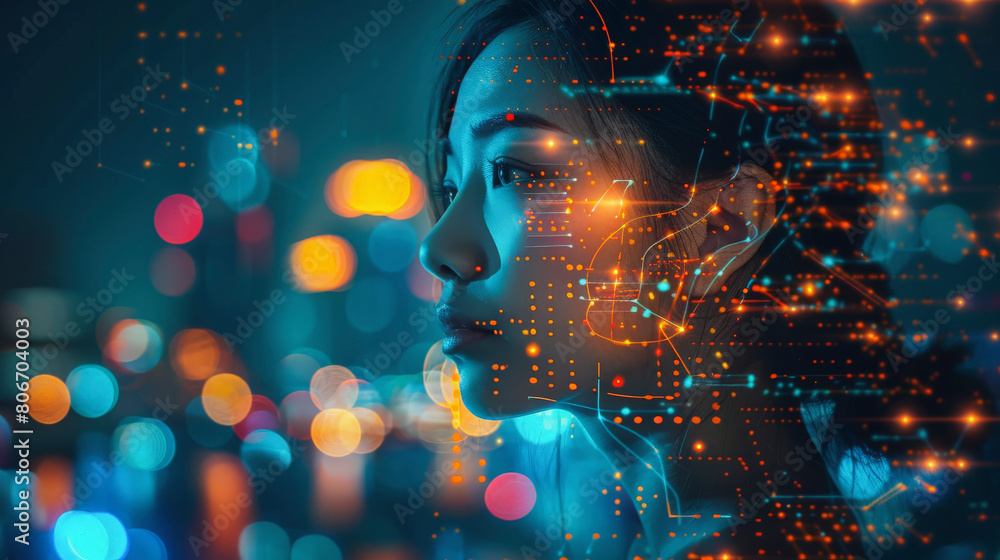 Poster a digital composite of a woman with a futuristic interface overlay, symbolizing modern technology's 