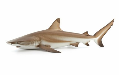 Fototapeta premium Profile shot of a brown shark cruising in clear waters with a neutral background.