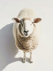 Fototapeta premium Frontal view of a woolly sheep with soft lighting on a clean white background.