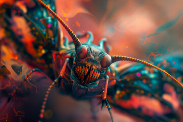 An alien monster scary colorful butterfly with huge fangs