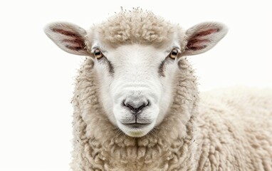 Close-up of a sheep's face with a soft, innocent gaze, against a high-key white background.