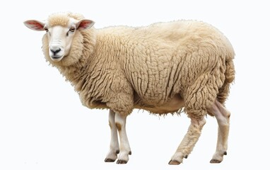 Fototapeta premium Stout sheep with a dense wool coat standing alert, isolated on a white background.