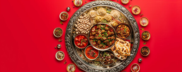Traditional Indian Feast Featuring an Assortment of Sweets on Red Background