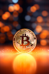 A glowing Bitcoin coin against a background of bokeh lights, symbolizing digital finance and the future of cryptocurrency.