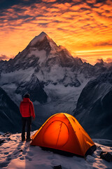 A climber in a red jacket stands beside an orange tent, facing a snow-covered mountain peak at sunrise, embodying solitude and adventure.