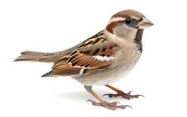 House sparrow perched with full body visible, displaying its intricate feather patterns on a white background.