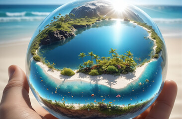 on the eve of your vacation, your journey is in your hands, a transparent globe with a paradise tropical beach, sea. Design for banner, postcard, tourism product