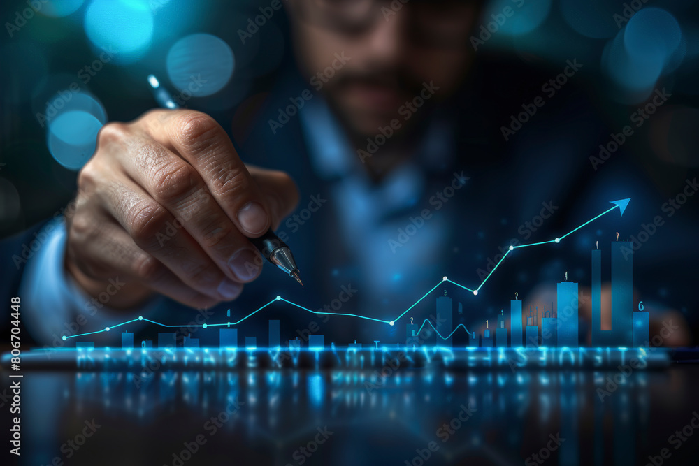 Poster a focused individual analyzing a futuristic holographic graph with trends and data points, symbolizi