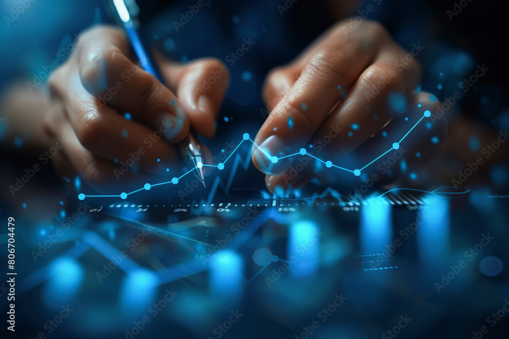 Aufkleber a person analyzing a futuristic holographic graph with a stylus, indicating a focus on data analysis