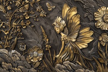 Detailed metal engraving that depicts a microcosm of life, with golden fairy and plants interwoven in an elaborate design