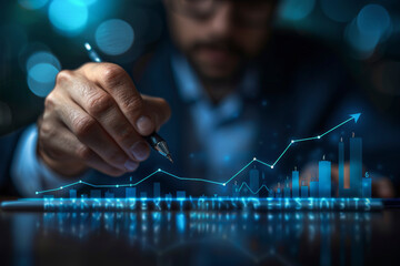A focused individual analyzing a futuristic holographic graph with trends and data points, symbolizing advanced data analysis or financial technology.