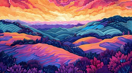 River under sunset abstract illustration poster background