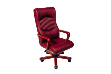 a red office chair with wooden arms