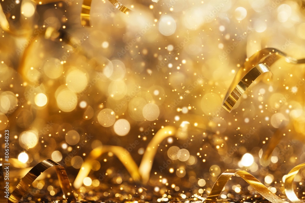 Poster abstract background featuring gold confetti and streamers with sparkling bokeh, perfect for festive 