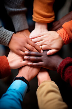 A powerful display of unity and cooperation, featuring hands of diverse individuals joined together in a circle, symbolizing strength and support in a community.