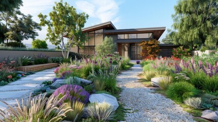 front yard with endemic plants featuring a green tree, purple flower, and large gray rock under a blue sky with white clouds