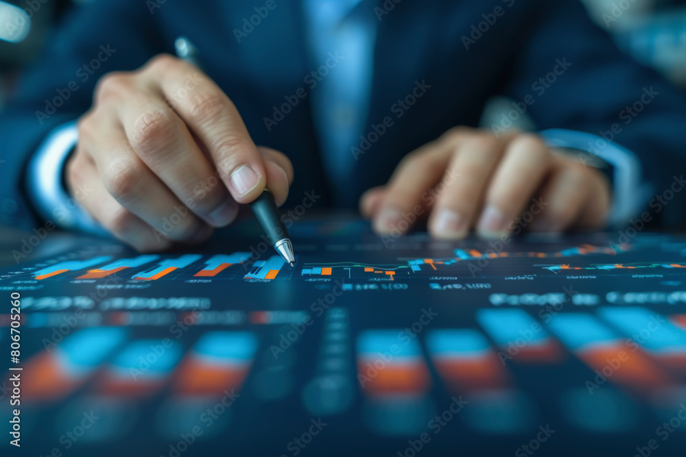 Poster a person in a business suit analyzing financial data represented by graphs and charts on a digital t