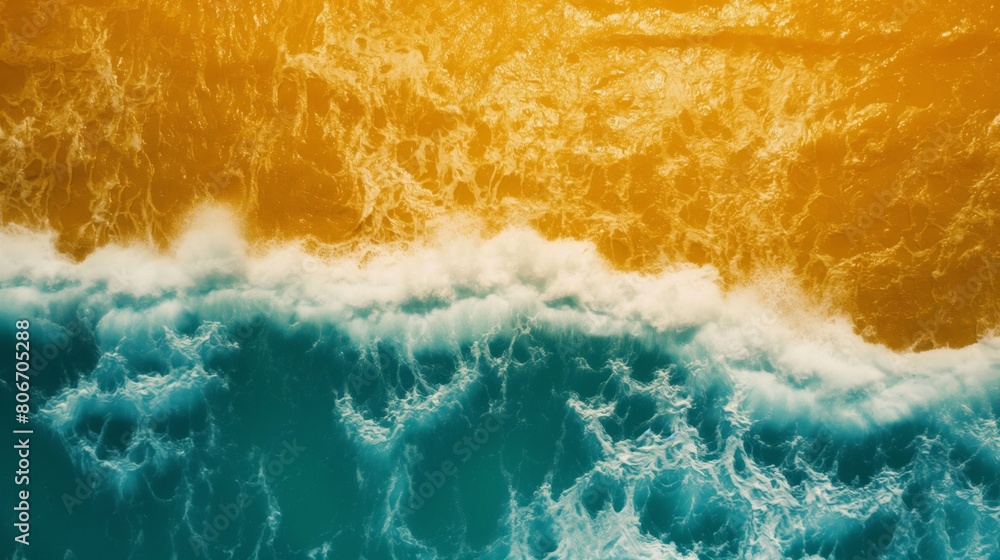 Poster aerial view of serene coastal waves with a golden hue, creating an abstract texture