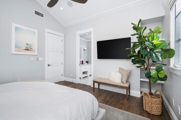 Well-furnished bedroom in a new construction home in Encino, California
