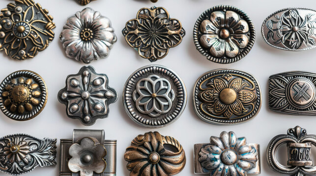 An array of intricate vintage decorative metal drawer knobs in various designs displayed against a light background.
