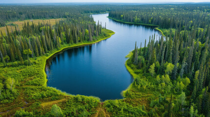 A serene aerial view of a meandering river flowing through a dense, lush green forest, illustrating the natural beauty and tranquility of a woodland landscape.