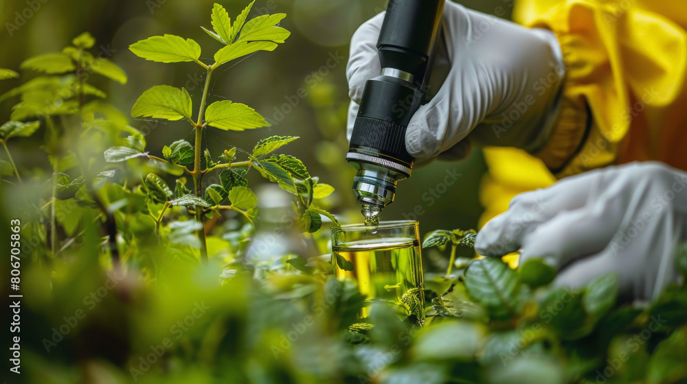 Poster a scientist in gloves using a pipette to extract a sample from a plant into a glass vial for analysi