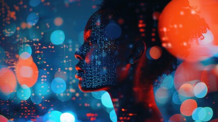  A black woman in profile with computer code and data visualizations overlaying her face, overlaying digital elements