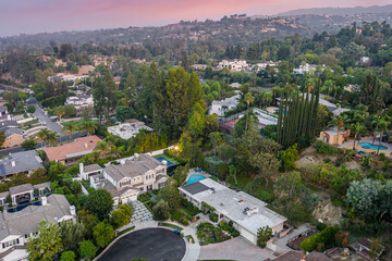 Aerial view of a modern new construction home in Encino, California