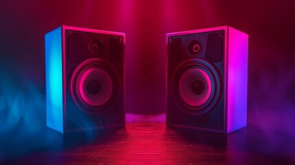 Glowing sound speakers illuminate dark background, creating a creative music ambiance. Audio equipment shines. Ai Generated