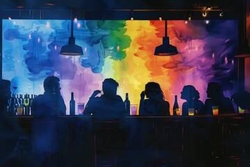 A group of people are sitting at a bar with colorful lights, Pride Month and Day, LGBTIQ+ 