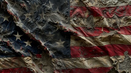 Dramatic close-up of a weathered American flag, symbolizing a pilgrimage through America's heartlands, set against a clean, isolated backdrop