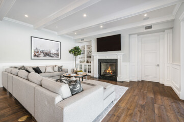 Cozy living room with sofas in a new construction home in Encino, California