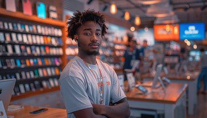 Fototapeta premium man selling cell phones in retail store,generative ai