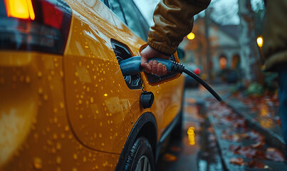 man inserting an electrical charger cable into his electric car's socket.generative ai