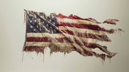 Detailed shot of a frayed American flag, journeying through the states, a testament to patriotism, against a clear isolated backdrop