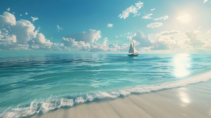  A breathtaking beach scene with crystal-clear blue waters and a stunning sailboat gliding...